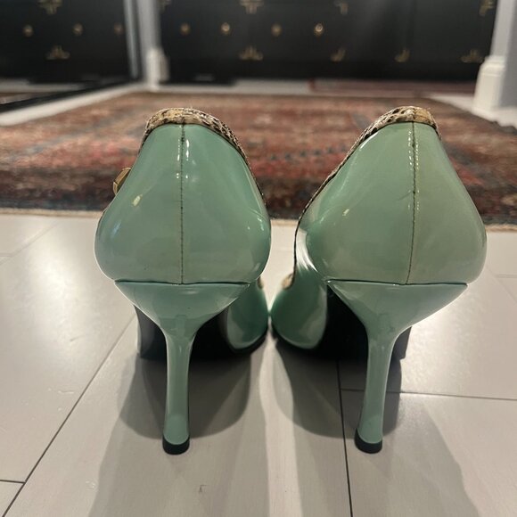 Gianni Versace Open Toe Pale Green Patent Leather Heels with Snakeskin Trim 5.5 - Picture 3 of 10